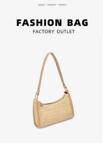 Detail of hand-woven straw shoulder bag with zipper closure and synthetic leather trim