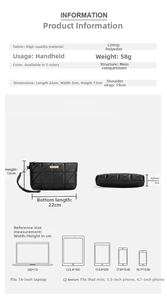 Detailed size guide for women's quilted pouch showing dimensions 22x13x5cm and strap