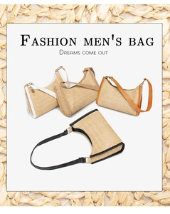 Detail of four woven straw crescent bags featuring leather trim in multiple color options