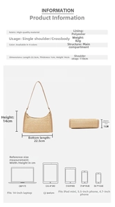 Size guide for woven underarm bag showing dimensions and device size compatibility