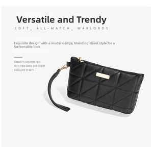 Detail of black quilted leather handbag showing metal zipper and dual strap options
