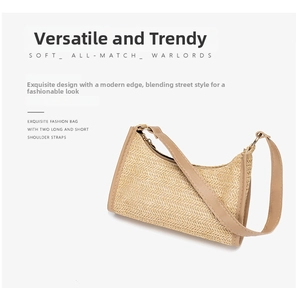 Detail of woven straw underarm bag featuring contrast PU leather trim and metal hardware