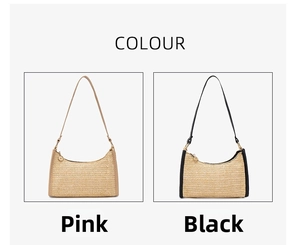 Detail view of woven straw shoulder bags in pink and black colors with metallic zippers
