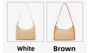 Detail showing the white and brown woven straw texture and metal zipper of the underarm bags