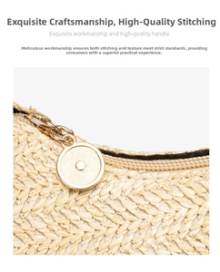 Detailed macro view of beige straw woven texture and premium gold metal zipper pull