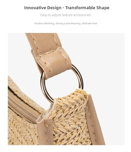 Macro shot of durable double stitching and metal ring on woven shoulder bag