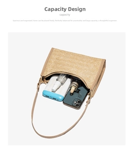 Macro view of interior capacity showing woven bag holding phone and power bank