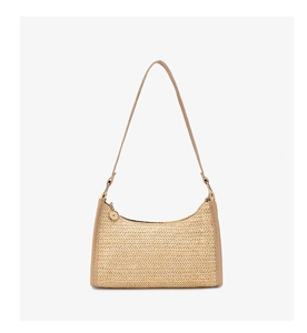 Detailed view of beige straw shoulder bag with leather trim and gold zipper