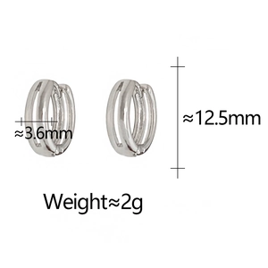 Detailed view of silver huggie earrings showing 12.5mm height and 3.6mm width dimensions