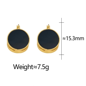Detailed view of French vintage gold round hoop earrings with black inlay, 15.3mm size