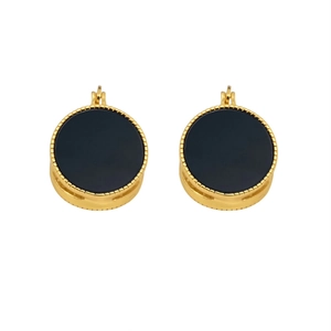 French vintage round gold earrings with black inlay and delicate beaded edges