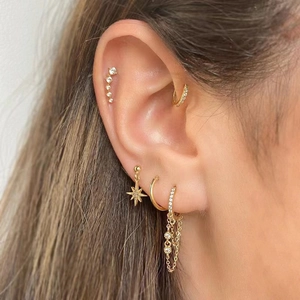 Golden star and moon earrings set with zircon stones, bohemian minimalist jewelry for women