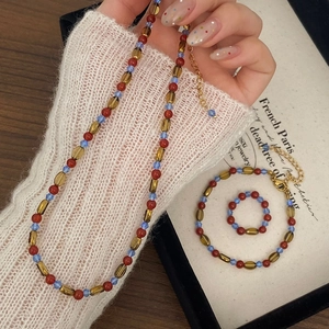 Retro Red Agate Beaded Necklace Crystal Alloy Chain Bracelet Ring Jewelry For Women French Aesthetic