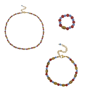 Three-piece jewelry set with red, blue, and amber beads including necklace, bracelet and ring