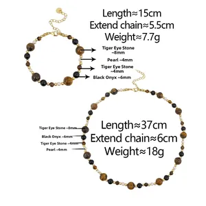 Detailed view of Tiger Eye and Black Agate beaded necklace with golden lobster clasp