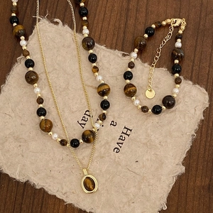 Tiger eye and pearl double-layer beaded necklace set with gold accent chain