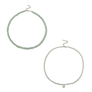 Green natural stone beaded necklace with a clear iridescent teardrop-shaped pendant