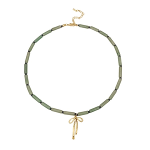 Green natural stone bamboo-style necklace with a gold bow pendant and metal clasp