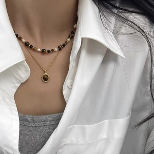 Vintage Tiger Eye Beaded Necklace With Black Agate And Artificial Pearls Elegant Gemstone Pendant Jewelry For Women
