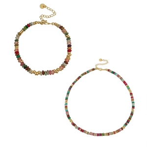 Bohemian colorful natural stone beaded necklace and bracelet set with gold lobster clasp
