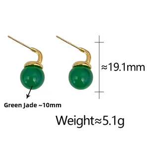 Detail of green chalcedony drop earrings with 10mm stone diameter and 19.1mm total height