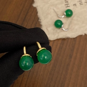 Retro Green Chalcedony Drop Hook Earrings Elegant New Chinese Style Gold Plated Copper Jewelry For Women