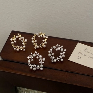 French Vintage Flower Wreath Stud Earrings With Copper Base Imitation Artificial Pearl And Zircon Elegant Jewelry For Women
