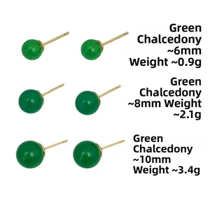Size comparison chart for green chalcedony studs in 6mm, 8mm, and 10mm options