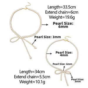 Detail showing two pearl bow necklaces with precise dimensions and weight specifications
