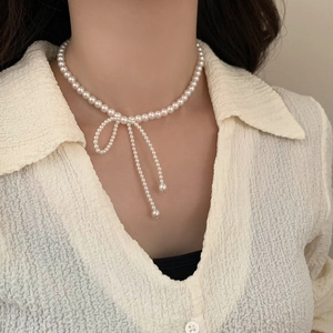 Bowknot Faux Artificial Pearl Necklace With Tassel Elegant Alloy Choker Jewelry For Women Simple Luxury Clavicle Chain