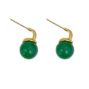Elegant gold-plated hook earrings featuring green chalcedony beads on a white background