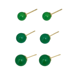 Three pairs of green chalcedony stud earrings with gold pins in small to large sizes
