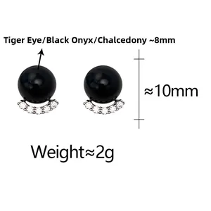 Detail shot of 8mm black agate bead stud earrings with zircon inlay and size indicators