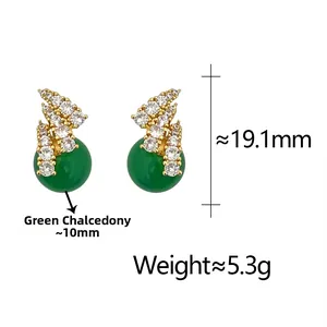 Detail shot of green chalcedony earrings with zircon accents and size measurements