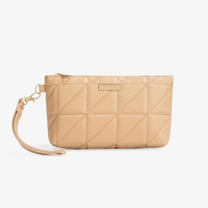 Elegant quilted square wristlet bag with triangle stitching and gold metal hardware