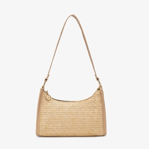 Minimalist straw woven shoulder bag with brown faux leather straps and golden zipper