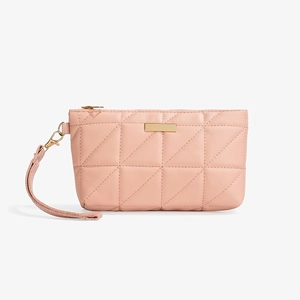 Pink quilted square clutch bag with triangle stitch pattern and gold zipper detail