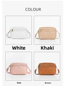 Quilted crossbody bags in white, khaki, pink, and brown with gold hardware detail