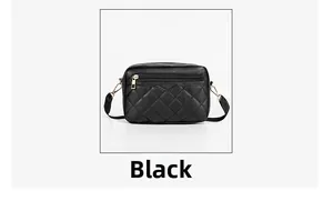 Detail of black quilted crossbody bag with rhombic stitching and gold zipper closure