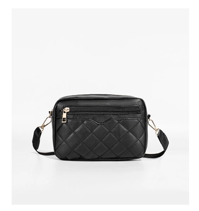 Detailed view of black quilted faux leather crossbody bag with golden zipper and fine strap
