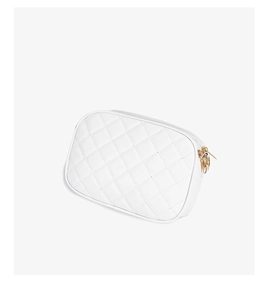 Close-up of white quilted camera bag featuring matte faux leather and gold zippers