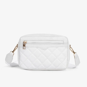 White quilted crossbody bag for women with elegant gold zippers and diamond stitch pattern