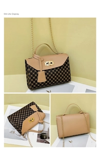 Detail view of retro geometric print handbag with gold chain strap and turn-lock closure