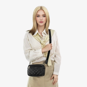 2024 stylish black quilted crossbody bag with adjustable wide canvas shoulder strap