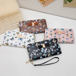 Portefeuille Long pour Femmes avec Imprimé Papillon Floral en Cuir PU Nœud Papillon Fermeture Éclair Pochette Sac à Main Étui Téléphone Grande Capacité