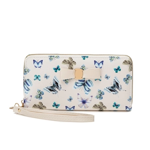 Portefeuille long chic à motif papillon avec nœud floral et dragonne dorée élégante