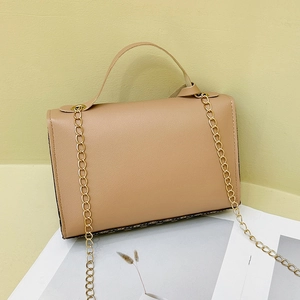 Fashionable light brown leather handbag with luxury logo pattern and gold chain strap