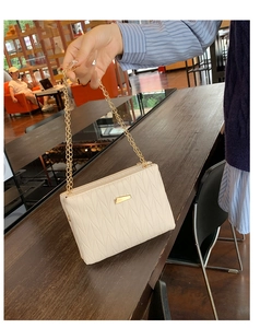 Detail of creamy white chain crossbody bag featuring wheat pattern embroidery and gold hardware