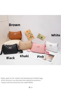 Detailed shot of quilted shoulder bags with gold bow accents in five various colors