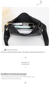 Internal view of black quilted shoulder bag showing large capacity for essentials